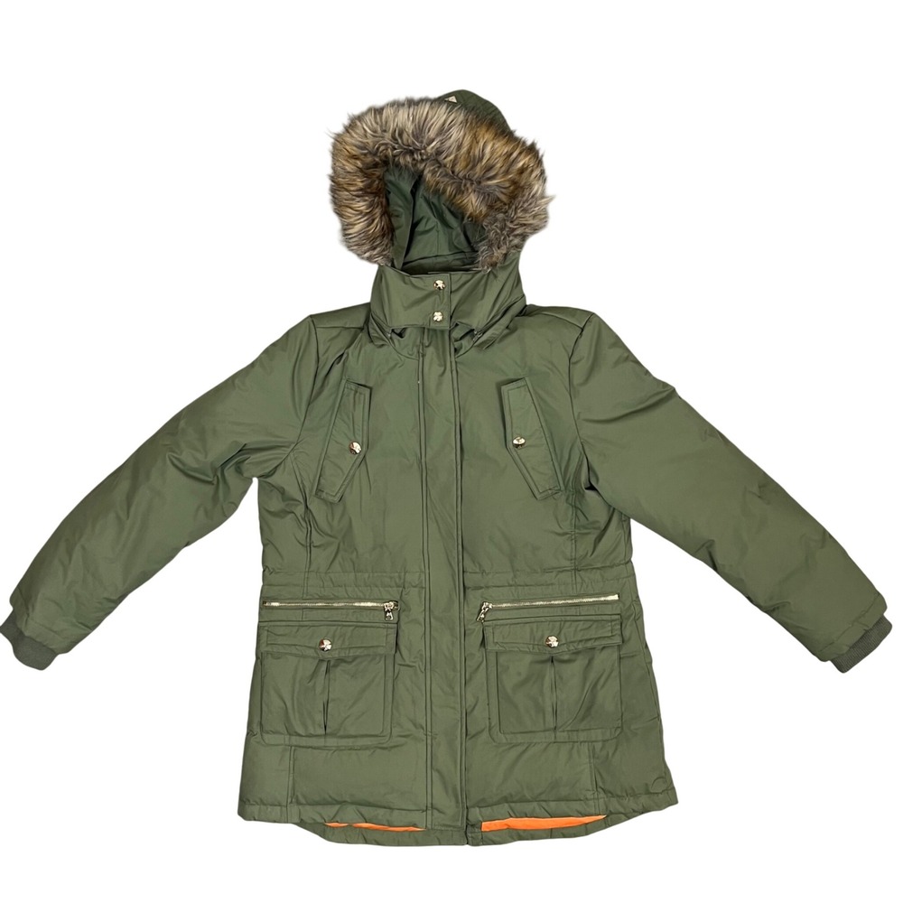 Sam Edelman Women's Olive Green Hooded Down Filled Parka Jacket Faux Fur Trim XL